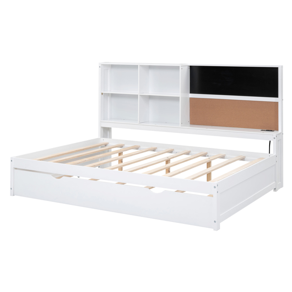 Full Size Daybed with Storage Shelves, Blackboard, Cork board, USB Ports and Twin Size Trundle, White