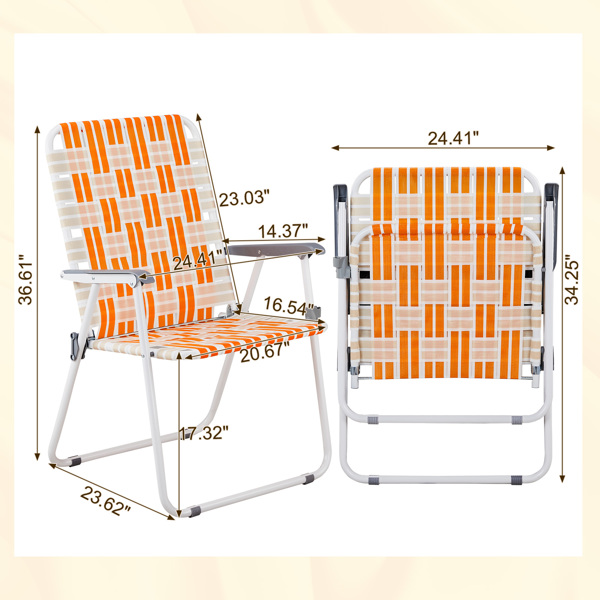 Set of 2 Webbed Folding Beach Chairs, Outdoor Patio Lawn Foldable Chairs for Camping Fishing Yard Poolside BBQ, Orange & White