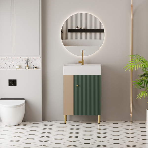 21.6" Open-shelving Bathroom Vanity with Ceramic Sink and Soft-Closing Door, Cloakroom Open Shelf Storage Cabinet on the Left Side, Assembly Required, Green 24VB06-21LVL