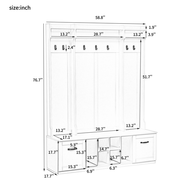 5-in-1 Entryway Bench with Coat Rack, 7 Sturdy Hooks, 2 Spacious Drawers and Adjustable Shelves, 58.8'' Wide Hall Tree with Metal Handles for Hallway, Entryway, Living Room