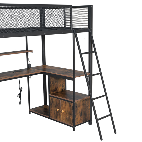 Twin Size Metal Loft Bed with Built-in Work Station, LED and Multiple Storage, Black