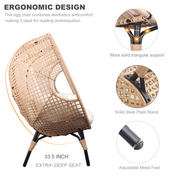 New Grid Style  PE Wicker Weaving Patio Egg Chair with Natural Color Rattan Beige Cushion and Table