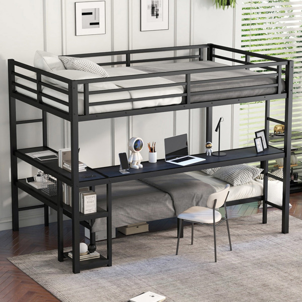 FULL XL Over Twin Bunk Bed with Desk and Shelves, Multiple Placement, with LED and USB, Black