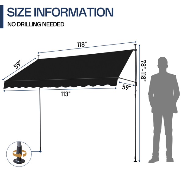 118.1"D x 59.1"W x(78.7 -118.1)"H Retractable Awning Black