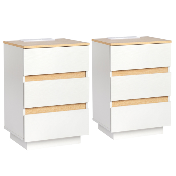 FCH Embossed White + Embossed Oak E1 Particleboard 12MM Handle-free 38*32*56cm 3 drawers Bedside table British standard socket 1pc