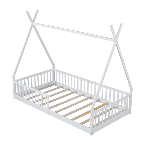 Twin Size Wood House Bed with Fence, White(ETA:2.27)