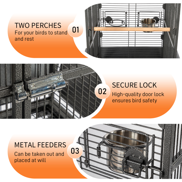 65-inch Wrought Iron Large Rolling Bird Cage with Play Top and Stand for Parrots Lovebird Cockatiel Parakeets, Black