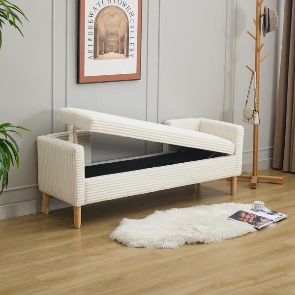 65.35"Wide Corduroy Storage Soft Bench with Armrests, Backrest and Two bolster Pillows for Living Room, Entryway and Bedroom. Ivory