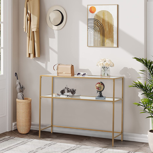 【same code：29997112】39.4" Console Sofa Table, Modern Entryway Table, Tempered Glass Table, Metal Frame, 2 Shelves, for Living Room, Hallway, Gold Color