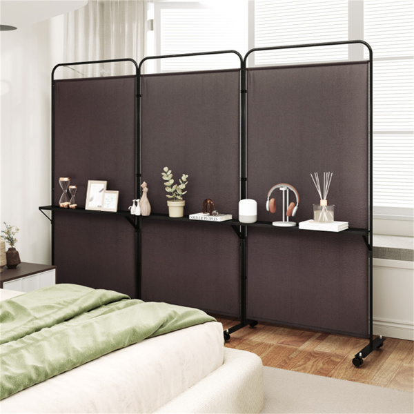 3-Panel Folding Divider with Lockable Wheels and 3 Metal Shelves Brown