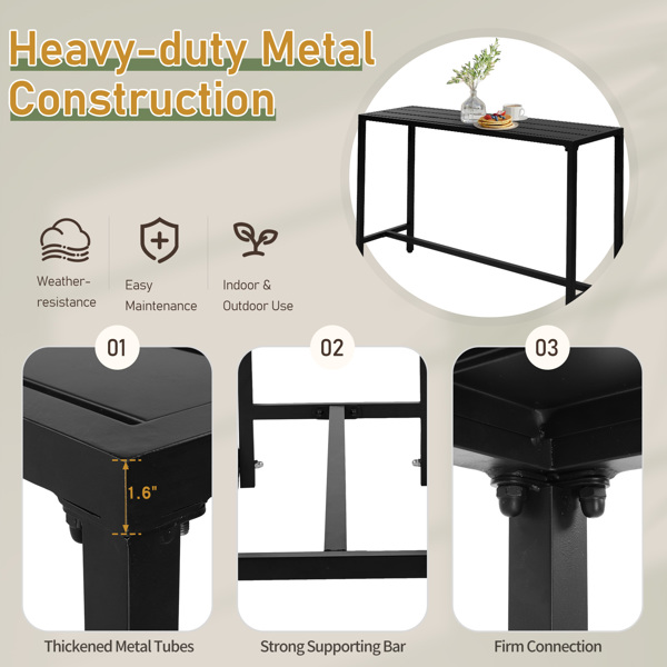 3 Piece Outdoor Patio Bar Set, 55" Rectangular Pub Height High Top Bar Table with 2 Cushioned Bar Stools, Metal Bar Table and Chairs Set for Balcony Backyard Porch