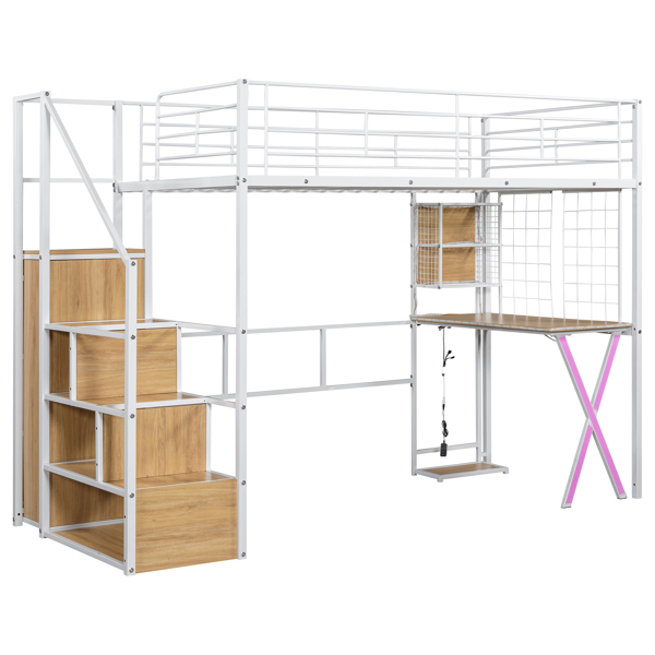 Twin Size Metal Loft Bed with Built-in Work Station, Wardrobe, Storage Staircase and LED, White