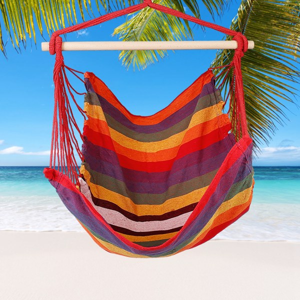 Hammock Hanging Chair Canvas Porch Patio Swing Seat Portable Camping Rope Seat Wooden Stick Hammock Chair with 2 Pillows 265LBS Load-bearing