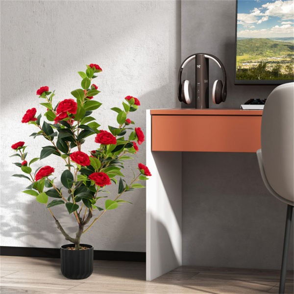 2 PCS 38 Inch Artificial Camellia Tree Faux Flower Plant in Cement 