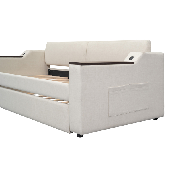 Twin Size Upholstery Daybed with Storage Arms, Trundle and USB Design, Beige(Old SKU:GX000547AAA)