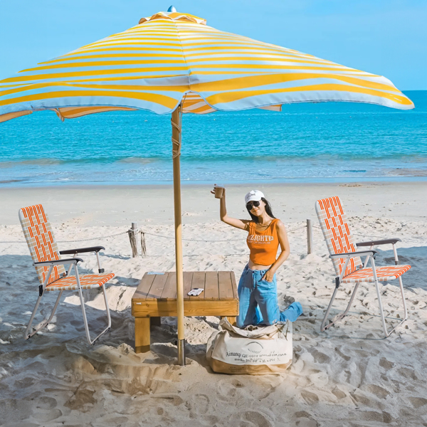 Set of 2 Webbed Folding Beach Chairs, Outdoor Patio Lawn Foldable Chairs for Camping Fishing Yard Poolside BBQ, Orange & White