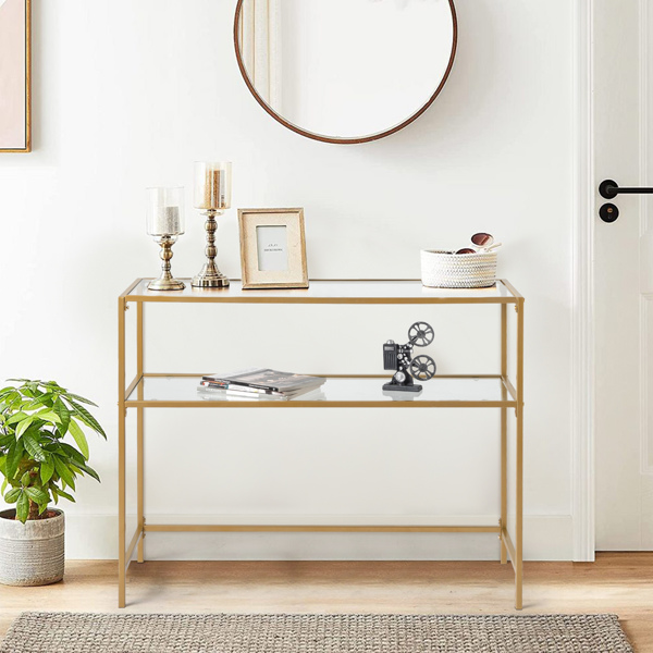 【same code：29997112】39.4" Console Sofa Table, Modern Entryway Table, Tempered Glass Table, Metal Frame, 2 Shelves, for Living Room, Hallway, Gold Color