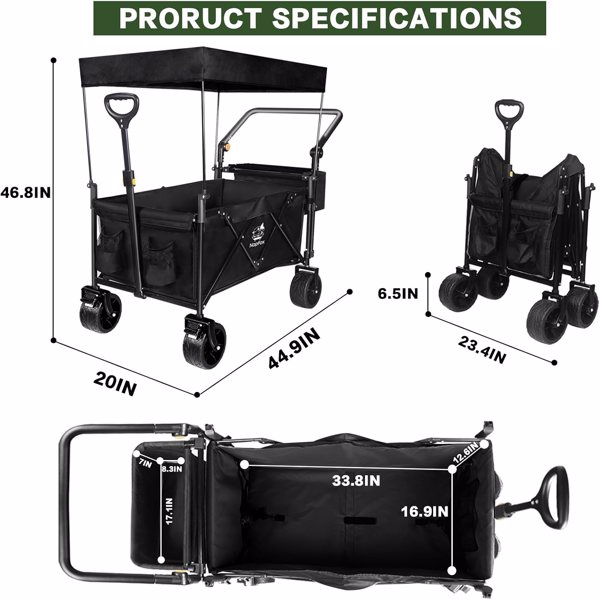 Collapsible Wagon Heavy Duty Wagons Carts Foldable with Removable Canopy, Foldable Wagon Cart with Wheels for All-Terrain with Brake, for Camping Beach Shopping 