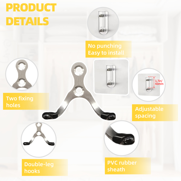 Stainless steel double-hung hooks for multi-functional use in bathroom entrance, living room and other areas.
