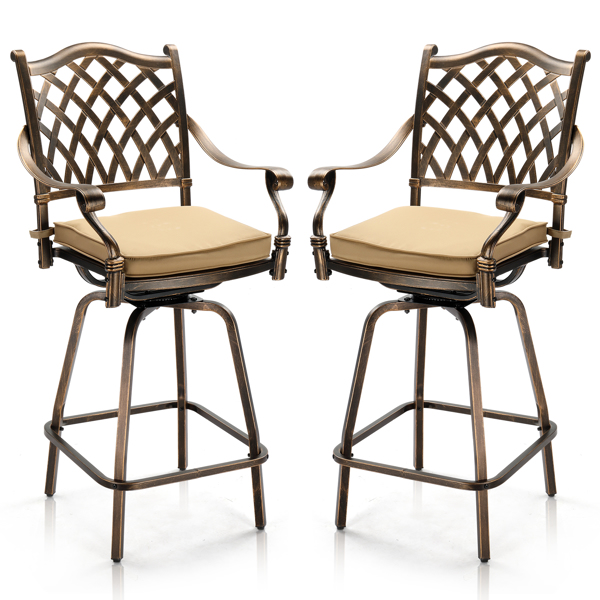 Outdoor Swivel Bar Stools Set of 2, Cast Aluminum Patio Bar Height Chairs, All-Weather Bar Dining Chairs Outdoor Swivel Chairs Furniture (Grid Back)