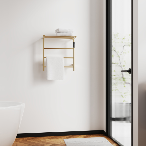 Heated Towel Rack with Top Shelf, 3-Bar Towel Wall Mounted Warmer for Bathroom with Intelligent Touch Screen Timer, 304 Stainless Steel Polished, Plug-in/Hard-Wired[Unable to ship on weekends]