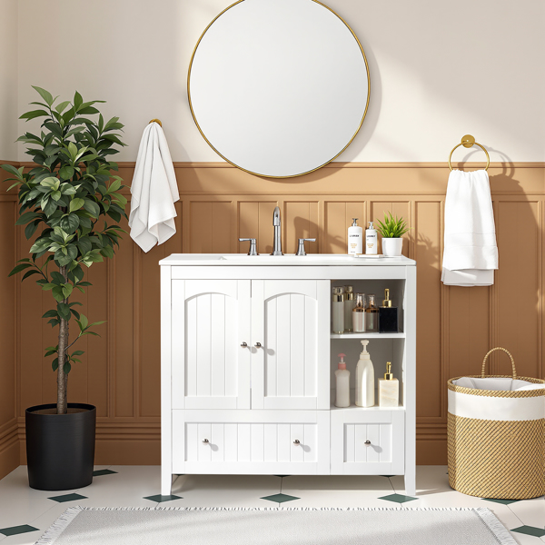 Without Basin White MDF spray paint double door double drawer with decorative strips bathroom cabinet 91*46*82cm