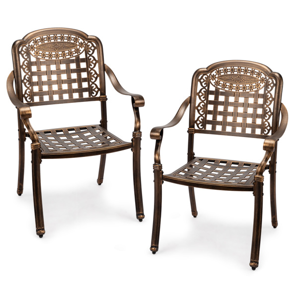 Patio Chairs Set of 2 - Stackable Outdoor Cast Aluminum Dining Chairs with Vintage Bronze Finish and Plaid Pattern, Metal Armchairs for Poolside, Backyard, Balcony (No cushion)