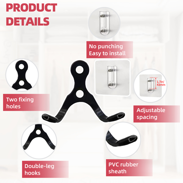 Stainless steel double-hung hooks for multi-functional use in bathroom entrance, living room and other areas.