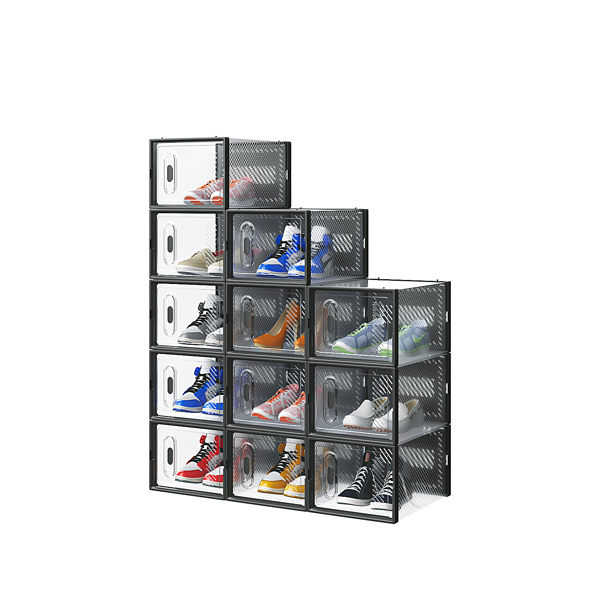 12-Piece Medium Black Plastic Mesh Shoe Box Set - 35.00*25.00*19.00cm, Modular Design for Home Storage