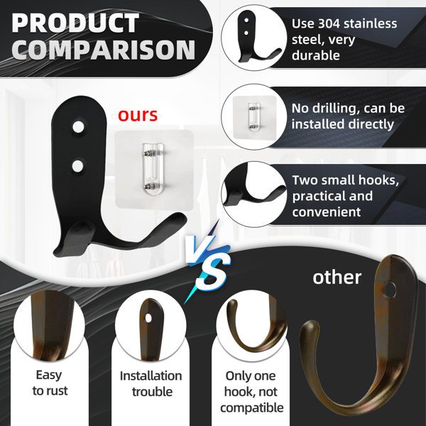 Stainless steel large-sized double-ended hook without drilling holes for kitchen and bathroom storage, suitable for hanging clothes and other items