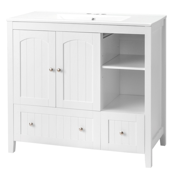 Without Basin White MDF spray paint double door double drawer with decorative strips bathroom cabinet 91*46*82cm