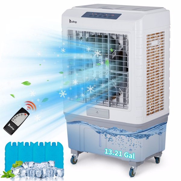 3 in 1 Portable Evaporative Cooler With dust filter,Indoor,Outdoor,4118CFM Personal Air Cooler with remote control and LCD screen,13.2 Gal Large Water Tank & Scroll Casters, 4 Ice Packs,White