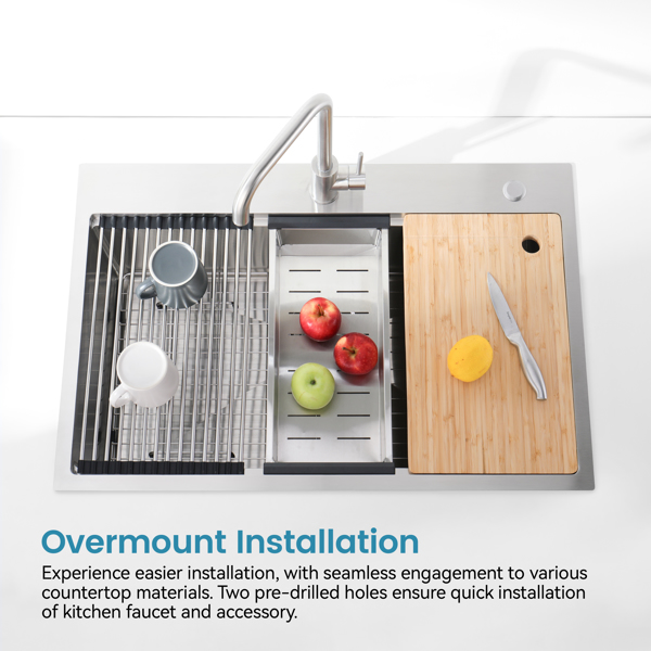 不锈钢厨房水槽，36“x22”单碗，带切菜板、滤锅、格栅的拉丝超装手工水槽【周末不发货，TK/TEMU订单仅支持自提】-9