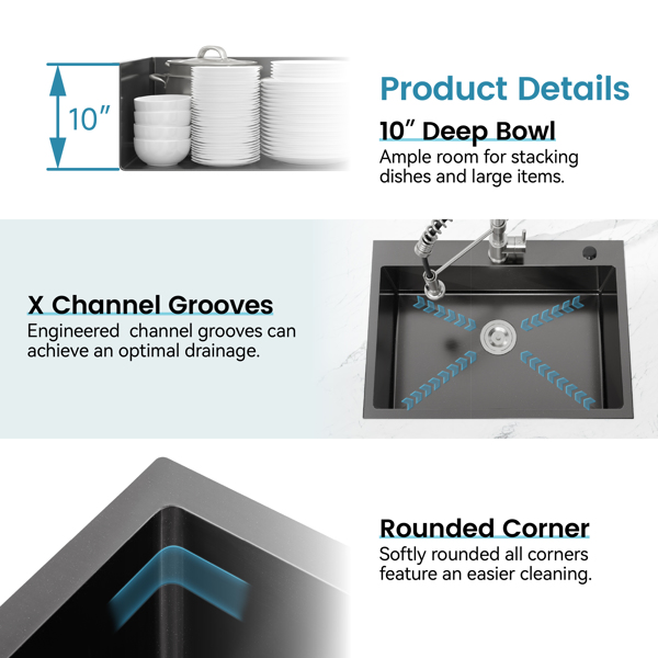 不锈钢厨房水槽，23英寸x19英寸单碗，黑色底装手工水槽，带美国标准排水管和挂钩【周末不发货，TK/TEMU订单仅支持自提】-5