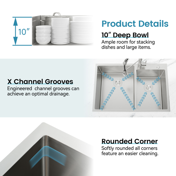 33“x19”嵌入式双碗厨房水槽，带刷的超装手工水槽（仅水槽）【周末不发货，TK/TEMU订单仅支持自提】-3