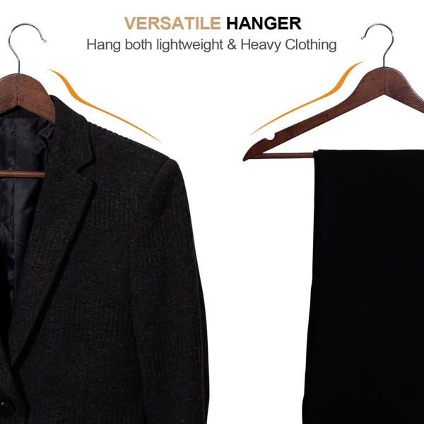 10 - Pack Wood Hangers in Walnut Color. Heavy - Duty, Non - Slip and Durable, Perfect for Organizing Coats, Shirts, Jackets, Pants, Suits, and Saving Closet Space