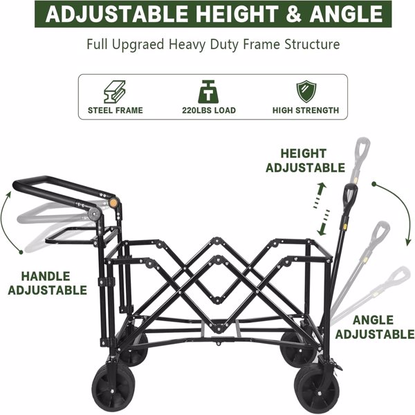Collapsible Wagon Heavy Duty Wagons Carts Foldable with Removable Canopy, Foldable Wagon Cart with Wheels for All-Terrain with Brake, for Camping Beach Shopping 