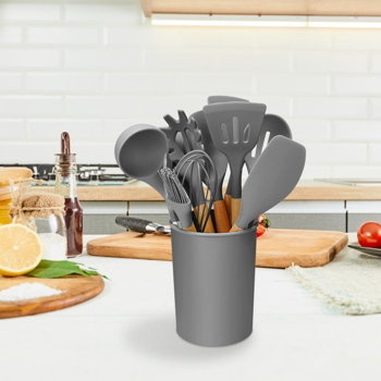 11Pcs Silicone Cooking Utensil Set Heat Resist Wooden Handle Silicone Spatula Ladle Spaghetti Server Tongs Spoon Egg whisk Kitchenware Set w/ Holder