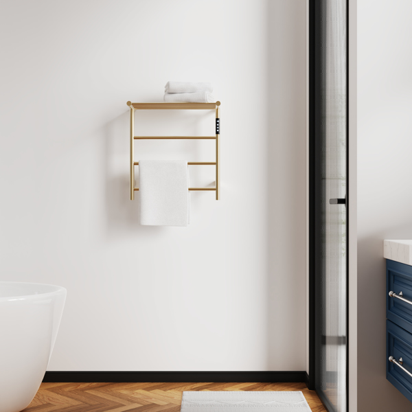 Heated Towel Rack with Top Shelf, 3-Bar Towel Wall Mounted Warmer for Bathroom with Intelligent Touch Screen Timer, 304 Stainless Steel Polished, Plug-in/Hard-Wired[Unable to ship on weekends]