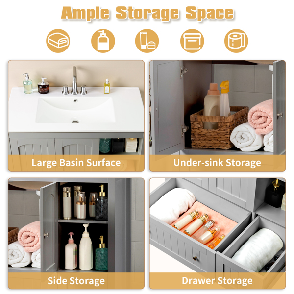 With Basin Grey MDF Lacquered Double Door & 2-Drawer Bathroom Vanity Cabinet with Decorative Molding - 91x46x82cm