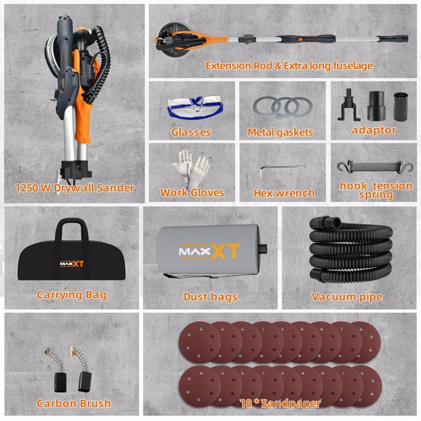 Drywall Sander with Vacuum Dust Collection, 6 Variable Speed Foldable Telescopic Electric Wall Sander, Popcorn Ceiling Removal Tool, 1900RPM Power Sander Tool, LED Light, 18Pcs Sanding Discs[Unable to