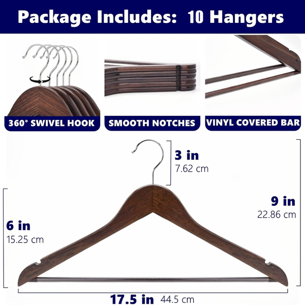 10 - Pack Wood Hangers in Walnut Color. Heavy - Duty, Non - Slip and Durable, Perfect for Organizing Coats, Shirts, Jackets, Pants, Suits, and Saving Closet Space