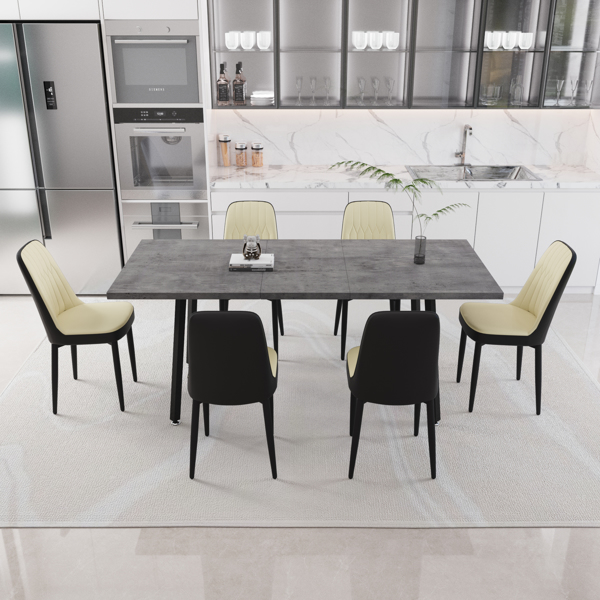 55.12-70.87" expandable rectangular dining table that can accommodate 4-6 people, equipped with 6 PU fabric thick padded dining chairs , kitchen table and chairs, with black metal legs 