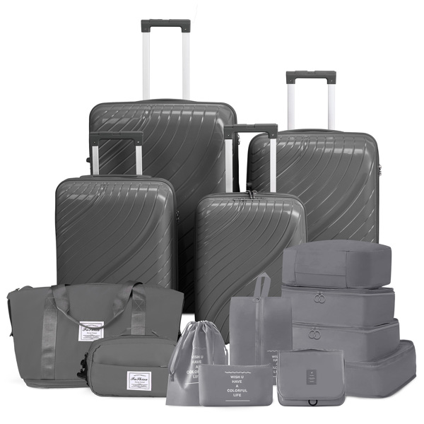 4-Piece Luggage Set with 2 Handbags & 8-Piece Toiletry Kit – Durable PP Suitcase (18in/20in/24in/28in) + 30L Travel Tote + 3L Crossbody Wash Bag – Iron Telescopic Handle – Dark Gray