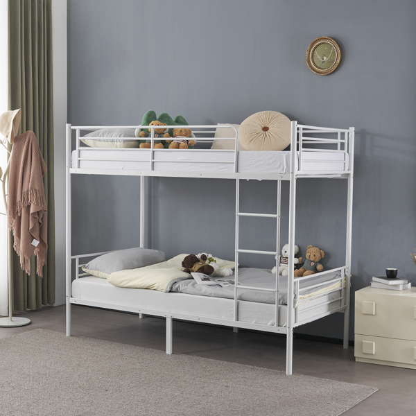 【Same Code：99091194】Twin Over Twin Bunk Bed for Kids Teens Adults, Heavy Duty Metal Bunk Bed with Ladder & Full-Length Guard Rail & Storage Space, White
