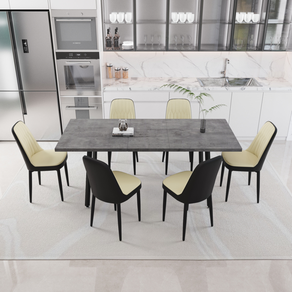 55.12-70.87" expandable rectangular dining table that can accommodate 4-6 people, equipped with 6 PU fabric thick padded dining chairs , kitchen table and chairs, with black metal legs 