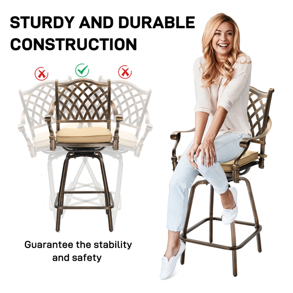 Outdoor Swivel Bar Stools Set of 2, Cast Aluminum Patio Bar Height Chairs, All-Weather Bar Dining Chairs Outdoor Swivel Chairs Furniture (Grid Back)