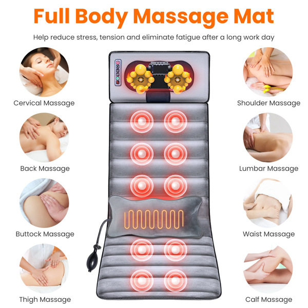 Full Body Electric Massage Mat with Heat Vibration Massage Pad Cushion Back Massage Mattress Chair Pad with Neck Massage Pillow with 10 Vibration Motors Timer