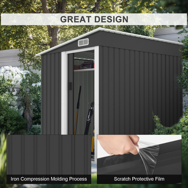 5*7FT Outdoor Storage Shed, Metal Garden Storage House with Slanted Roof & Double Sliding Doors for Backyard Outdoor Patio, Black
