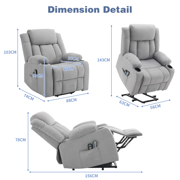 1pcs grey fabric electric elderly chair with 8-point massage belt heating 120kg indoor functional chair, UK
